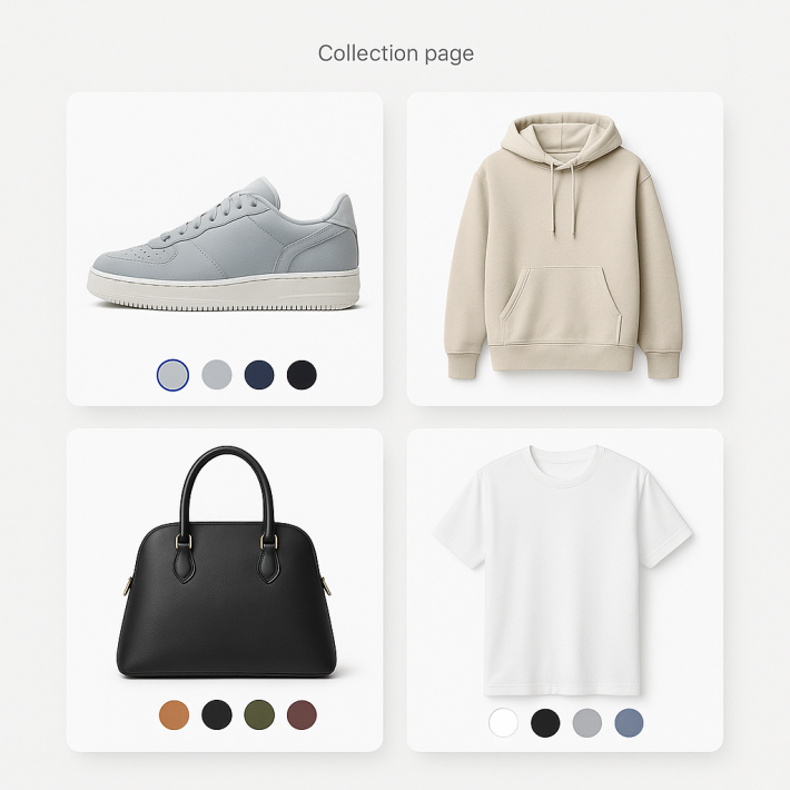 Shopify collection page with color swatches on product cards