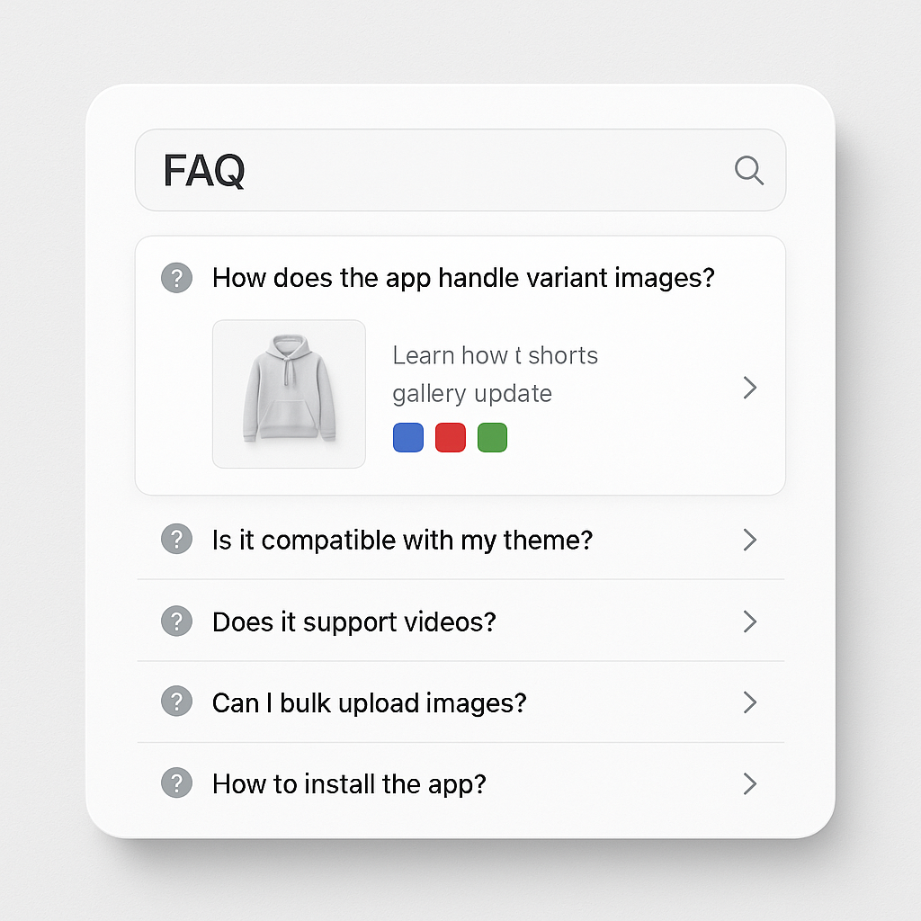 Shopify variant images FAQ with 30 questions