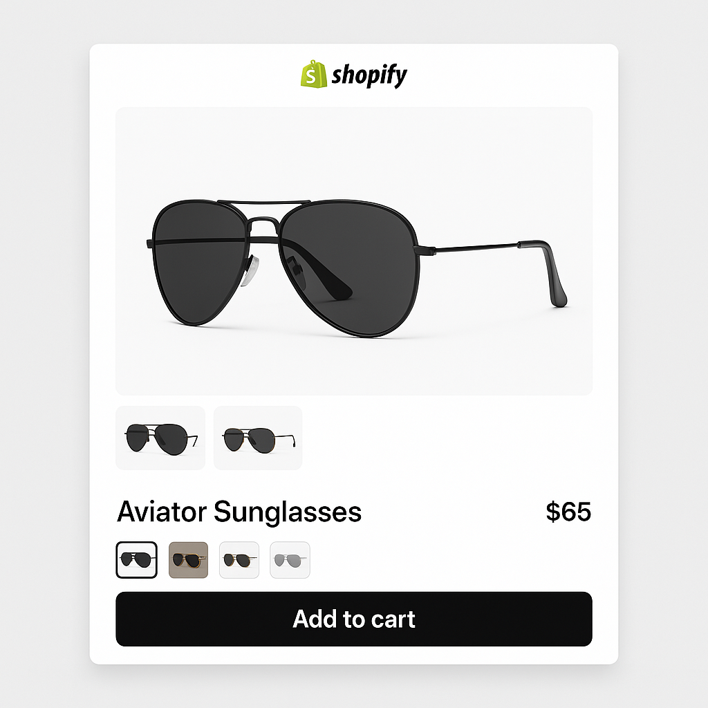 Shopify Focal theme product page with variant image swatches for sunglasses