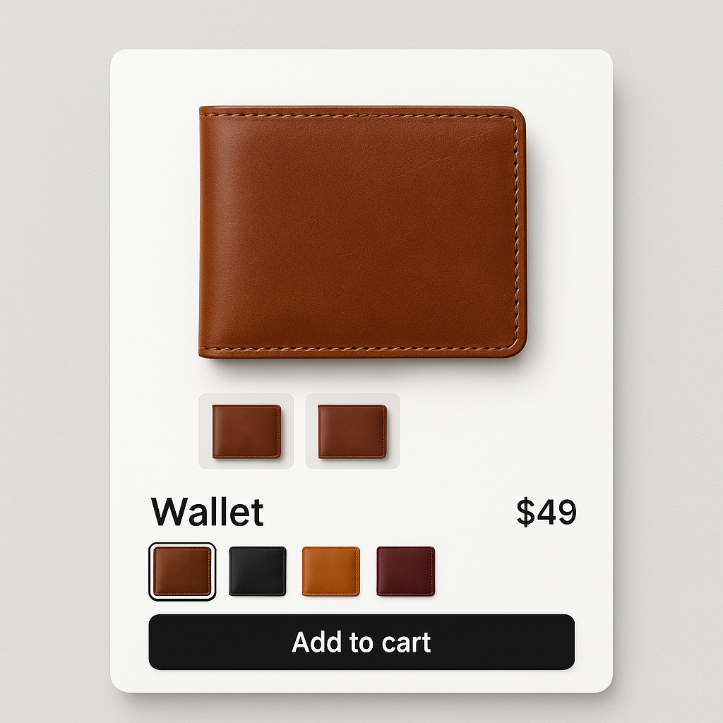 Produktseite mit Varianten-Swatches Lederbörse