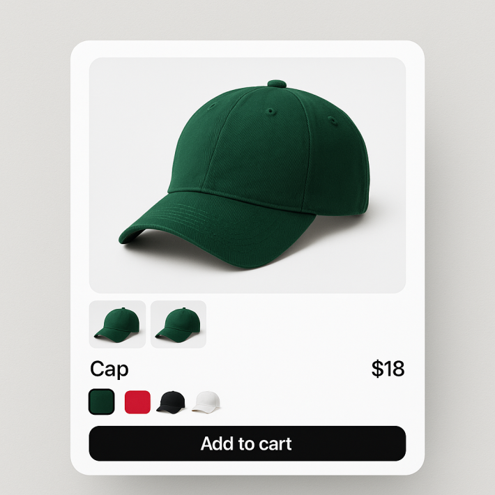 Shopify Produktseite mit Variantenbilder-Swatches für Baseballkappe