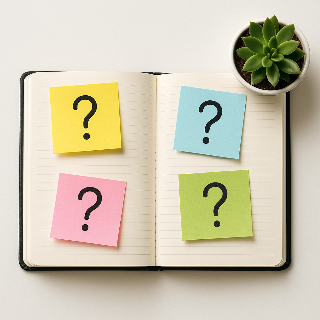 Notizbuch mit Fragezeichen-Haftnotizen