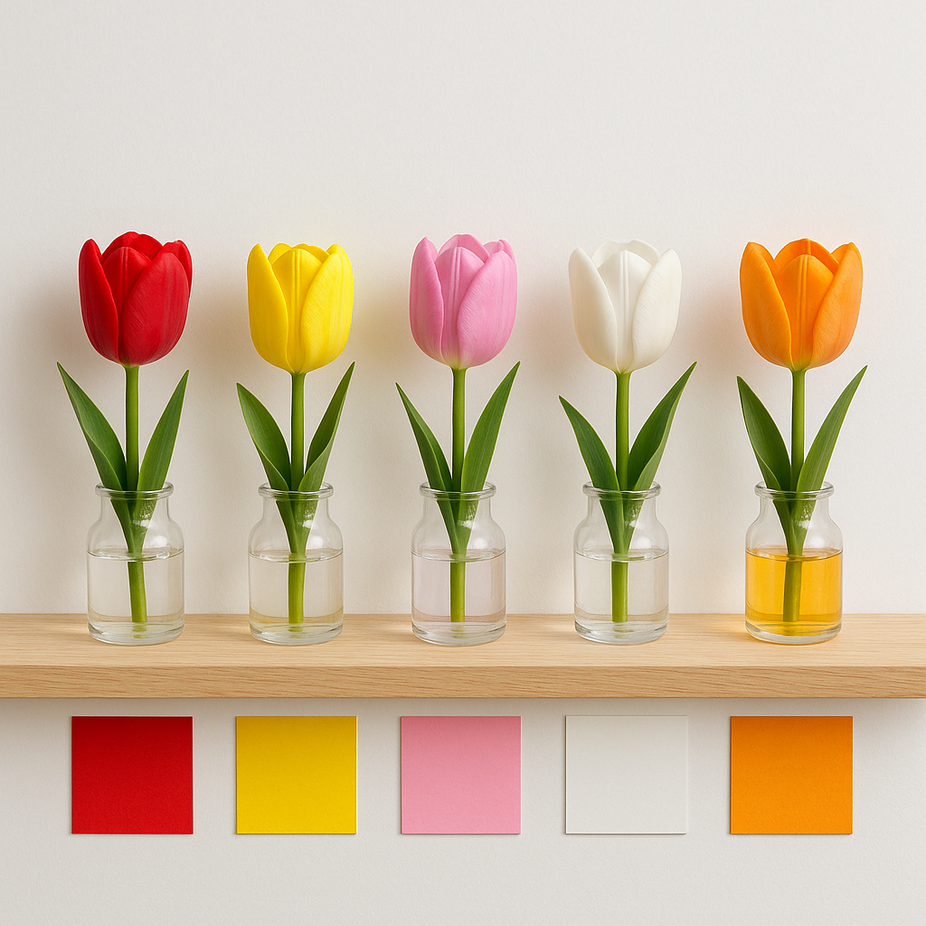 Tulpen in verschillende kleuren met kleurkaarten
