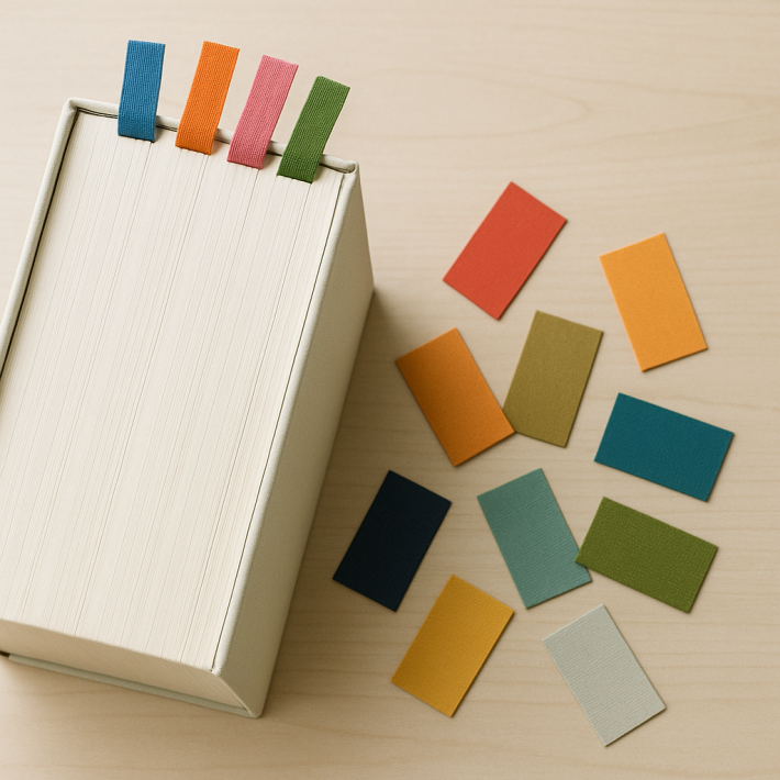 Boek met kleurrijke bladwijzers en swatches