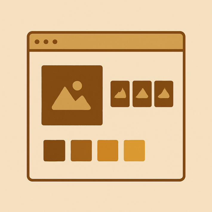 a page builder canvas with a product gallery block and color swatch row underneath