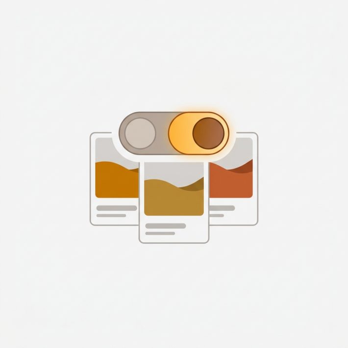 a UI toggle switch flipping to on, with product cards gaining color swatches in the background