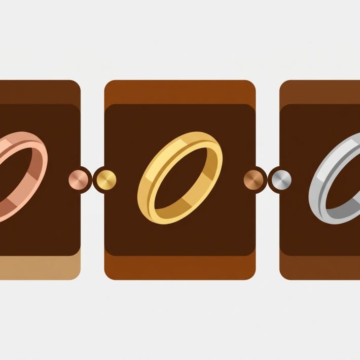 three rings in gold, rose gold and silver as separate cards joined by metal swatch dots