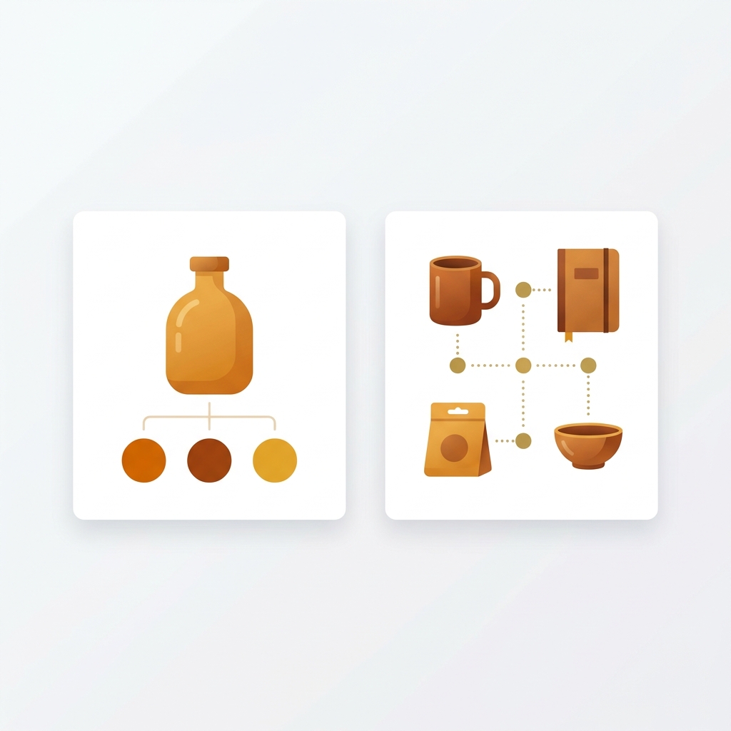 two side by side collection cards, left shows one product with variant color swatches, right shows several separate products linked by connecting swatch dots