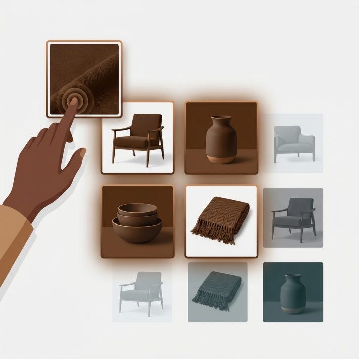 a hand clicking a color swatch and a grid of several matching product photos appearing while other color photos fade out