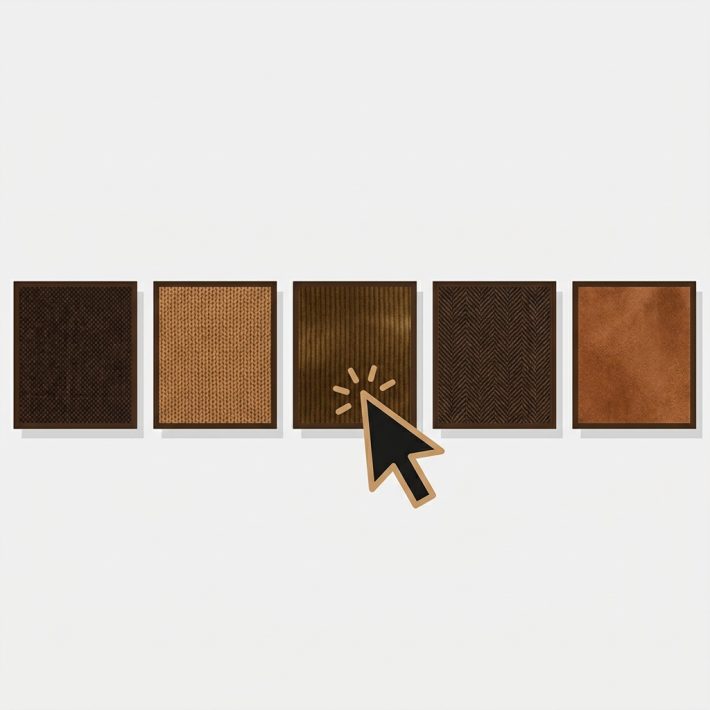 a row of small image swatch thumbnails showing different fabric textures and colors with a click cursor selecting one
